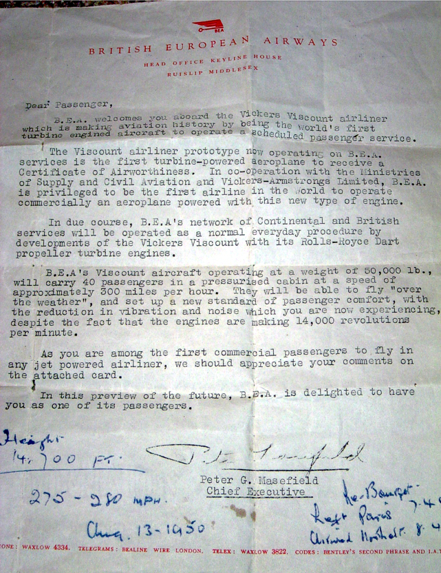 Letter from BEA - British European Airways to Viscount Passengers