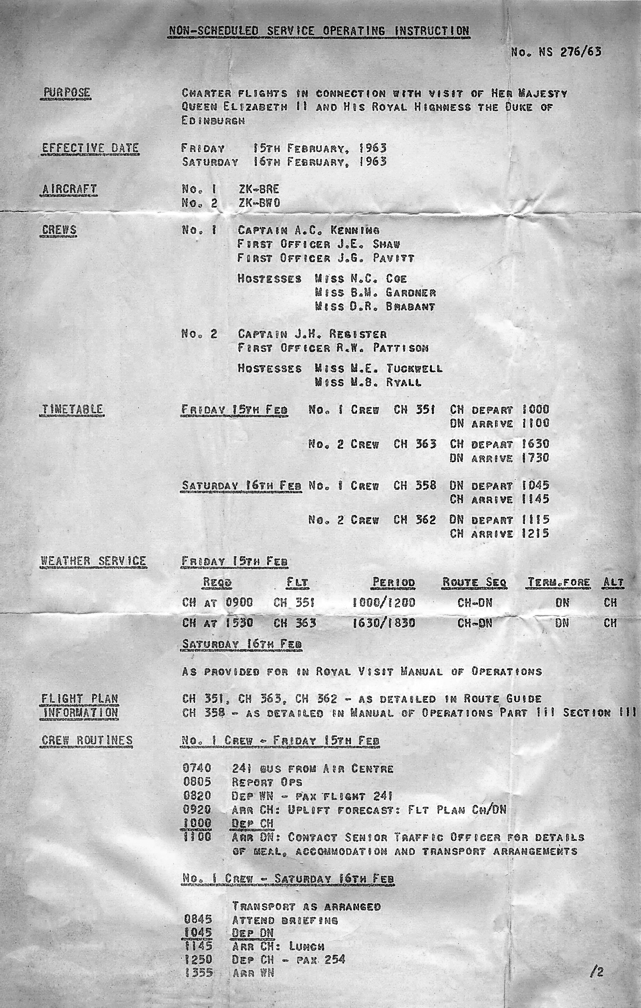 New Zealand National Airways Corporation 1963 Royal Visit operating instructions