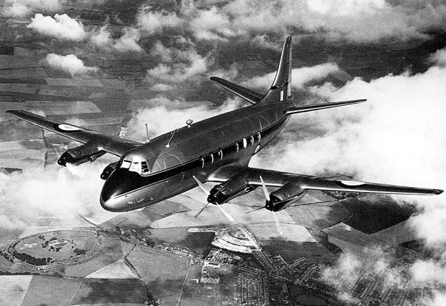 Prototype Viscount c/n 1 VX211 with both propellers on the port engines feathered