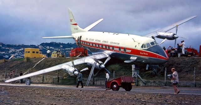 New Zealand National Airways Corporation Viscount c/n 428 ZK-BWO slid down an embankment at Rongotai, Wellington, New Zealand