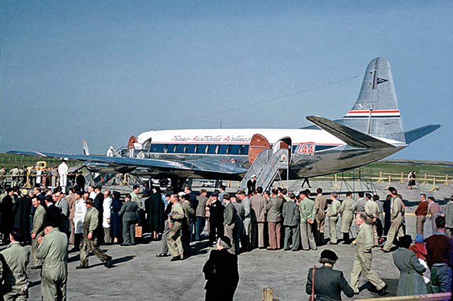 The scene at Essendon Airport, Melbourne, as the first Australian Viscount taxied to a halt on arrival from England