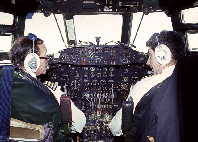 The flight deck of G-ALWF taken on the 12th April 1972 during its delivery and final flight from Heathrow, London, England to Speke, Liverpool, England being piloted by Captains Geoff A Perrott and John Nelmes. On board was Sir George Edwards - designer of the Viscount.