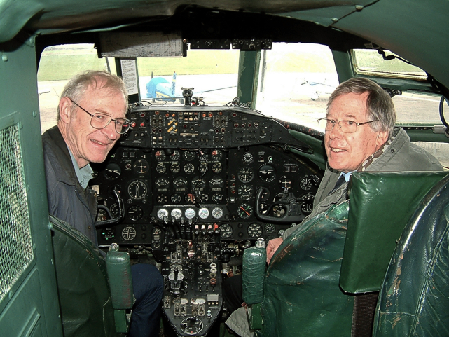 Paul St John Turner and Romer Adams sitting in the cockpit of Viscount c/n 5 G-ALWF