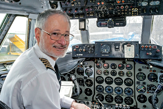 Peter Scott on the flight deck of the Brooklands Museum V.806 series Viscount G-APIM