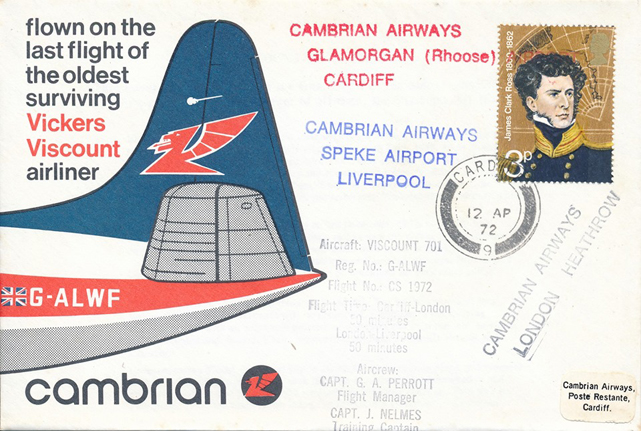 This is the envelope that was carried and franked on the last flight of G-ALWF, on the 12 April 1972