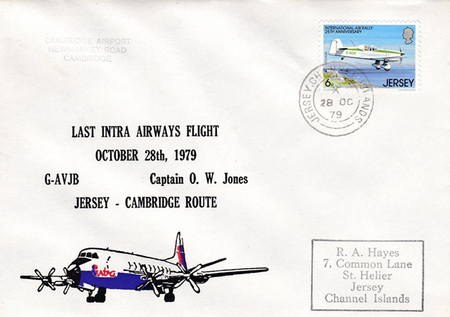 This Intra Airways last flight cover was carried on G-AVJB on a Jersey-Cambridge-Jersey service on the 28 October 1979.