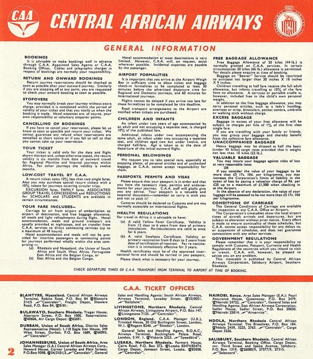 CAA - Central African Airways timetable circa 1958