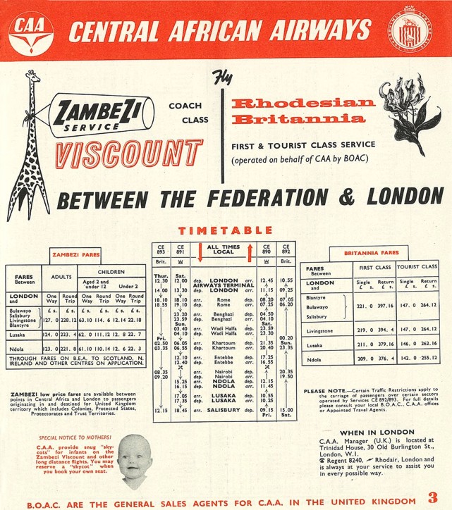 CAA - Central African Airways timetable circa 1958