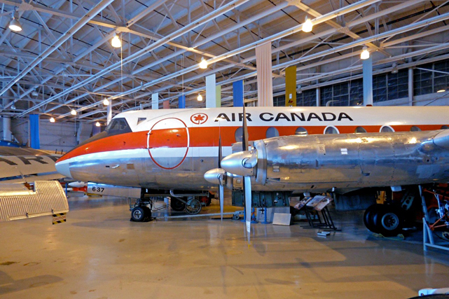 This photo taken on the 15 March 2016 shows that the cowlings are now closed as the museum prepares to paint the hangar floor. 
                    Alongside the Viscount are Bristol Freighter CF-WAE and Junkers JU-52-1M CF-ARM.