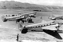 Photo of two NAC Lockheed Lodestars and two DC3s at Paraparaumu airport in 1949