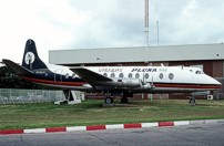 Painted in the latest PLUNA livery and put on display next to the terminal building.