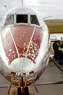 Severely damaged by hailstones during a flight over France in a thunderstorm.